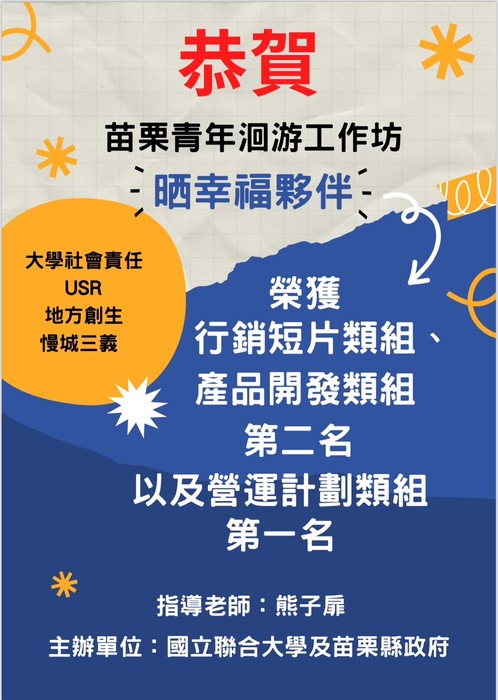 苗栗青年工作坊 「晒幸福夥伴」、「積少化潭」榮獲佳績 指導老師:熊子扉老師圖片