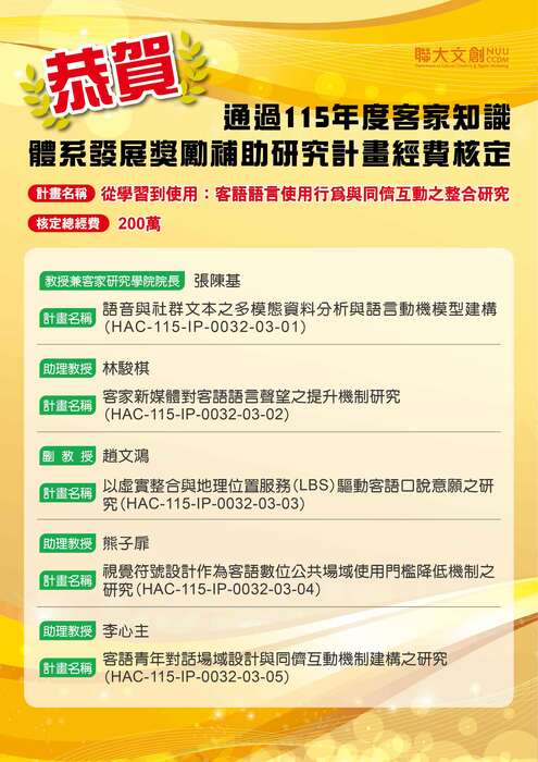 張陳基 教授兼客家研究學院院長 趙文鴻 副教授 李心主 助理教授 熊子扉 助理教授 林駿棋 助理教授圖片